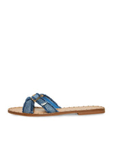 Frayed Denim Cross Strap Buckle Round Flats Slippers Sandals